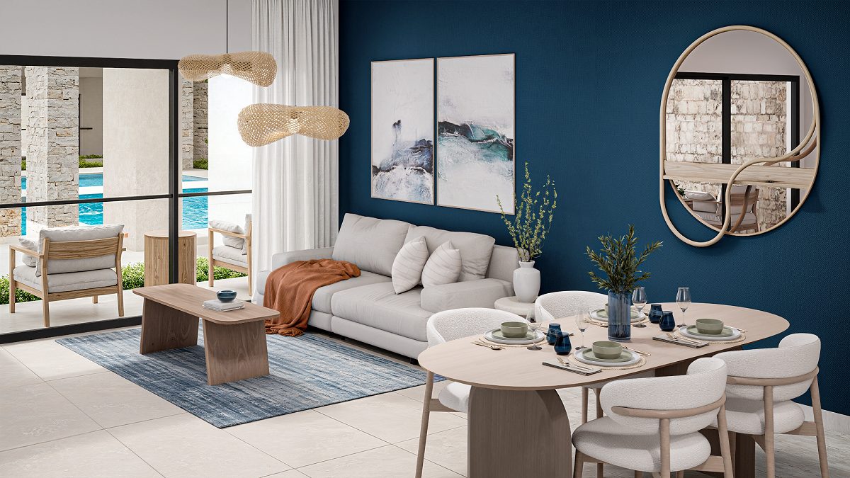 Modern luxury condo interior with Caribbean view